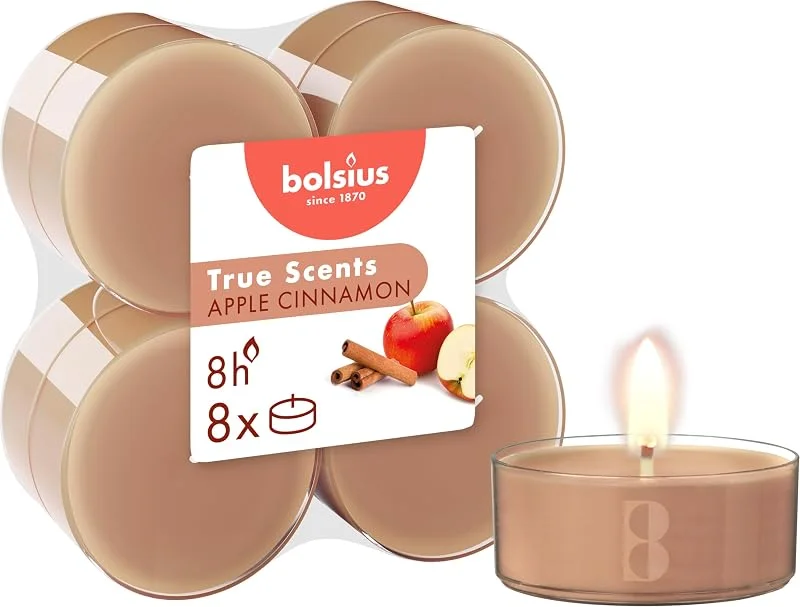 Besuche den bolsius-Store Bolsius – 8 Teelichter Maxi Duft – Apfel Zimt – Lange Brenndauer von 8 Stunden – Kerze für den Innenbereich – Natürliche Extrakte – Veganes Wachs – Ohne Palmöl — Kerzenlicht Abendessen