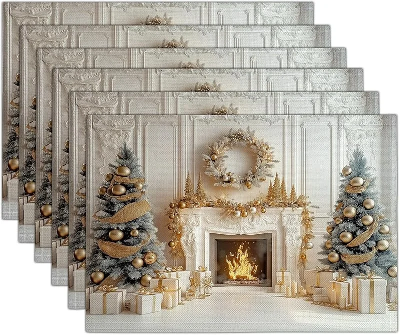 Marke: GDJSMIN Mode Gold Weihnachtsbaum-Kaminmuster Weihnachten Platzsets 2er Set, 30x45cm Winter Tischset Waschbar Platzdeckchen Küche Party Deko — Küche & Haushalt