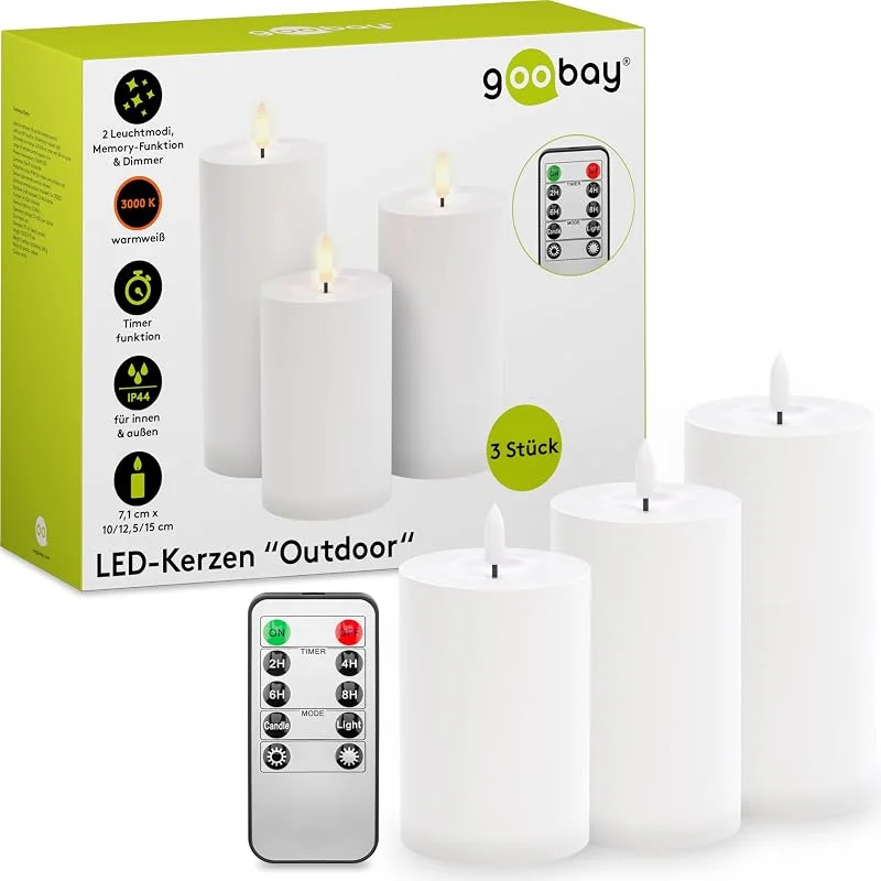 Besuche den goobay-Store LED Kerzen 3er-Set, Outdoor, Fernbedienung, Timer, Batteriebetrieben, Weiß — Weihnachtsbeleuchtung