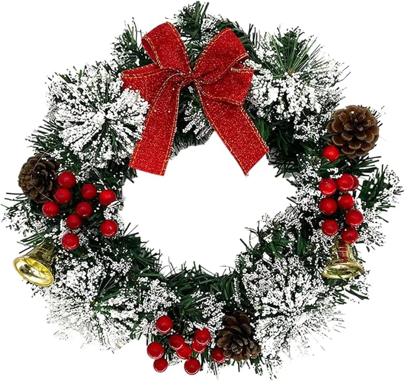 Marke: Gcroet Weihnachtskränze für die Haustür, 12 verschneite beflockte Weihnachts-Türkränze mit Schleife, roten Beeren, Glocken, Tannenzapfen, für Winter, Innen- und Außenbereich, Wandfenster. — Weihnachtsdeko