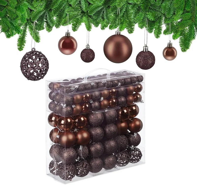 Besuche den Relaxdays-Store Relaxdays Weihnachtskugeln, 150er Set, glitzernde, Matte & glänzende Christbaumkugeln, Kunststoff, ∅ 3, 4 & 6 cm, braun — Weihnachtsdeko