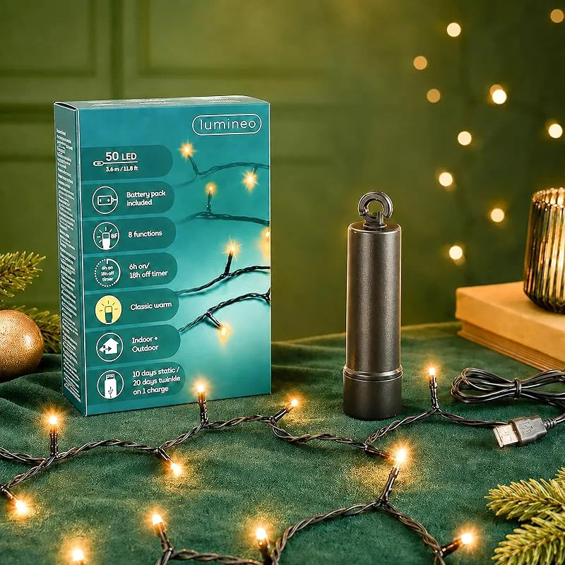 Marke: Lumineo LED Lichterkette 3, 7m Duracharge Batterie 50 LEDs Klassisch Warm — Weihnachtsbeleuchtung