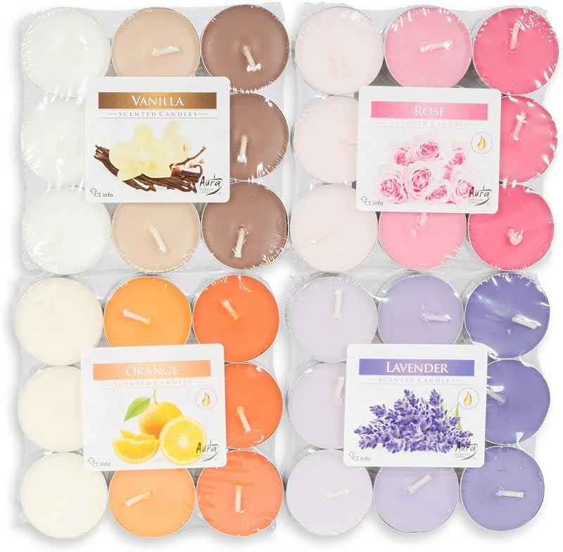 Besuche den levandeo-Store 72 Teelichter 4x18 Stück Lavendel Rose Vanille Orange Duftkerzen Deko Kerzen Aroma Duft — Kerzenlicht Abendessen
