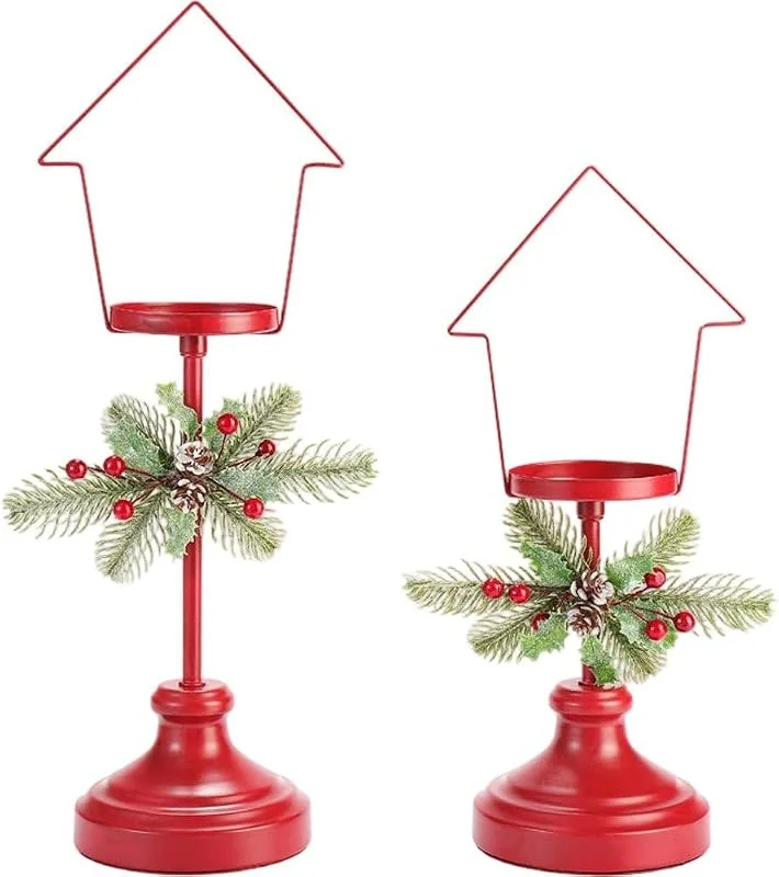 Marke: Casiler 2 Rote Metall-weihnachtskerzenhalter, Kerzenständer Im Tannenzapfen-Design, Tischdekoration Für Kamin Und Esszimmer — Kerzenlicht Abendessen
