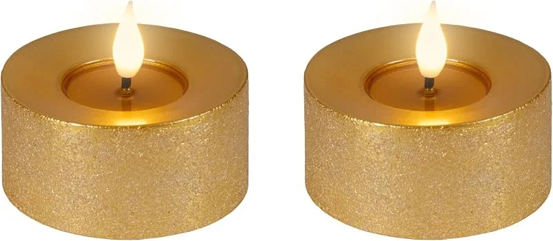 Marke: Lumineo LED Kerzen 6x7, 5cm Timer Wachs 2 Stück - Flacker-Effekt Gold Warmweiß — Kerzenlicht Abendessen