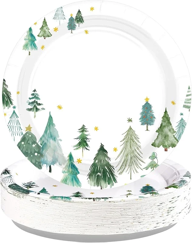Marke: Greencian 50 Stück Weihnachtsbaum-Pappteller, 25, 4 cm, groß, Winter-Kiefernbaum, Dessertteller, Einweg-Partyzubehör für Weihnachten, Urlaub, Abendessen, Party-Dekorationen — Advent und Tisch