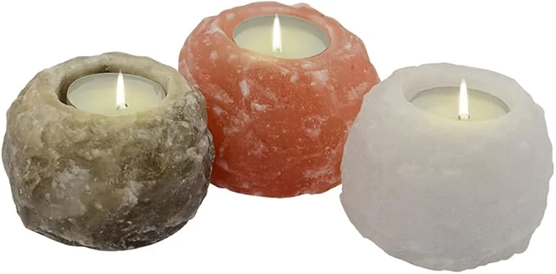 Marke: Himalaya Salt Dreams Teelichthalter Set – Handgefertigte Teelichhalter aus Salz (je 400 g) in Orange, Weiß & Grau – Teelichthalter für stimmungsvolle Beleuchtung aus der Salt Range in Punjab Pakistan — Advent und Tisch