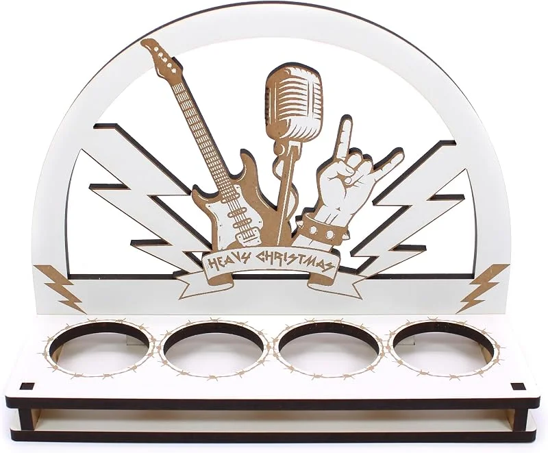 Besuche den DEKOLANDO-Store Dekolando Teelichthalter „Heavy Christmas“ – Adventskranz im Schwibbogen-Design für 4 Teelichter – HDF mit brauner Lasergravur – rockige Weihnachtsdeko für Metal Fans, 20×15×7 cm — Advent und Tisch