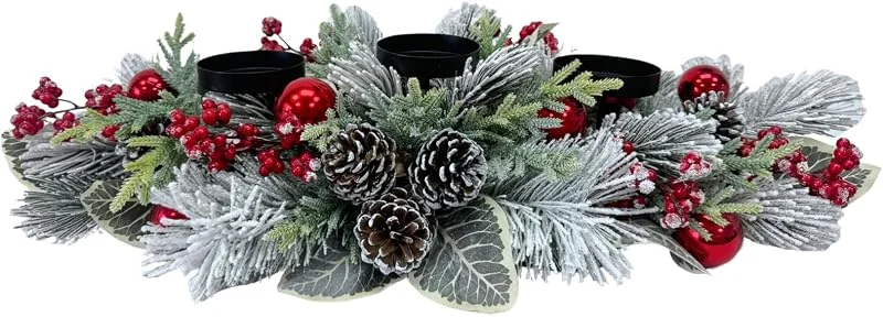 Marke: Svndlyn Svndlyn Weihnachtlicher Kerzenhalter, 3 Kerzenhalter, Tischdekoration mit schneebeflockten Tannenzapfen, roten Beeren — Kerzenlicht Abendessen