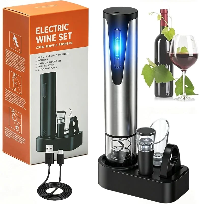 Marke: EBUYFIRE Elektrisches Weinflaschenöffner-Set Wiederaufladbares 5-in-1 Elektrischer Weinöffner Geschenkset, mit Ladestation, Folienschneider, Weinausgießer & Vakuum-Weinstopfen — Wein und Festtafel