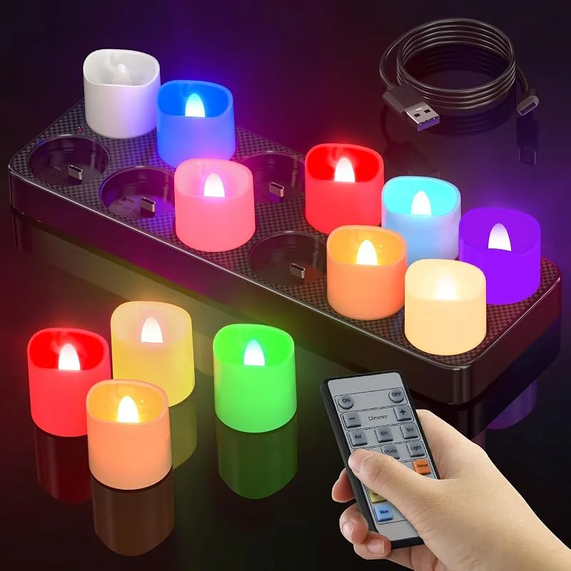 Besuche den SoulBay-Store SoulBay 12er Bunte LED Teelichter Wiederaufladbar mit Fernbedienung & Timer — Kerzenlicht Abendessen