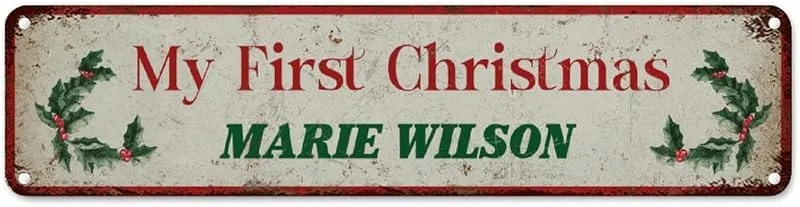 Marke: CowkissSign My First Christmas Aluminium-Metallschild Vintage Weihnachtskranz Blumenmuster Custom Retro Straße Hängeschild Weihnachtsdekoration Winter Metallschild Qualität Metall Straßenschild für Schlafzimmer