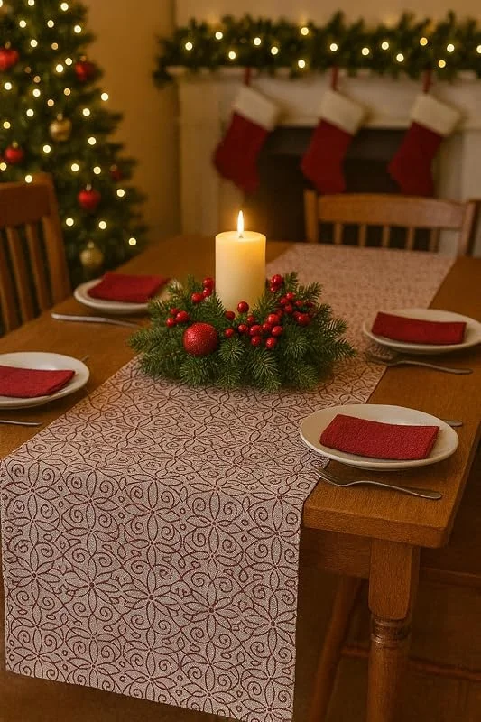 Marke: Generisch Tischläufer für Weihnachten, aus Baumwolle und Lurex, Tischdekoration mit Winter-Motiv, 150 x 50 cm, hergestellt in Italien — Küche & Haushalt