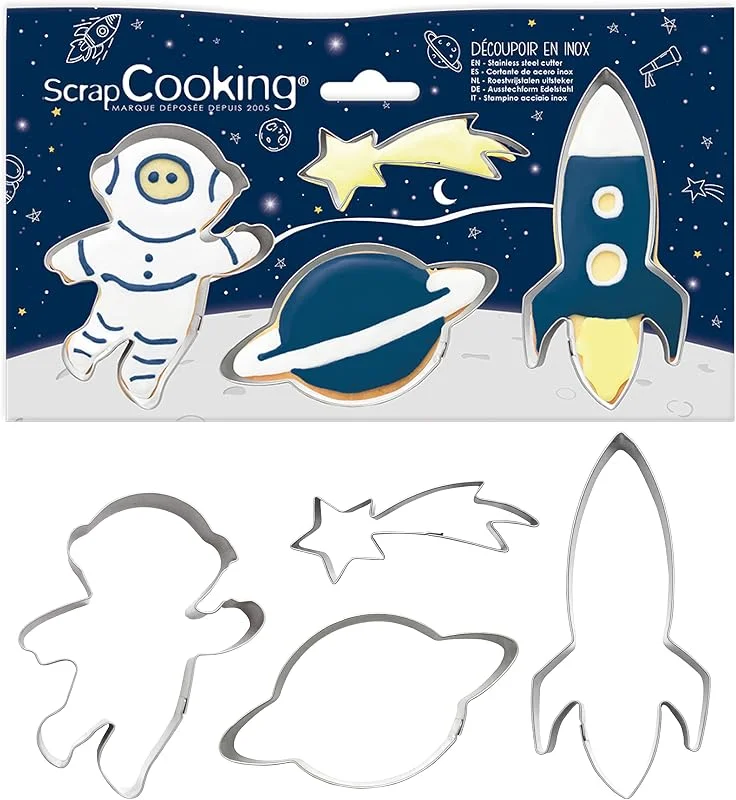 Besuche den ScrapCooking-Store ScrapCooking - 4 Plätzchenausstecher – Keksausstecher aus Edelstahl – Astronaut, Sternschnuppe, Rakete, Planet – Formen für kleine Kuchen – Zubehör zum Backen, Geburtstag, Deko – 2084 — Weihnachtskueche
