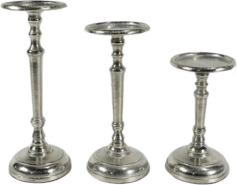 Besuche den MichaelNoll-Store Kerzenständer 3er Set Kerzenhalter Metall Silber Deko - Kerzenleuchter Modern für Stumpenkerzen- Tischdeko Hochzeit - Dekoration Wohnzimmer - H 20, 25 und 29 cm — Kerzenlicht Abendessen