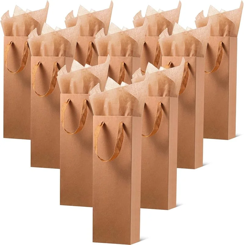 Marke: Zonon 24 Stück Weihnachten Kraft Weintasche Papier Weinbeutel, Weinflaschenbeutel Halter mit Griffen mit Kraft Seidenpapier Einzelhandel Weinbeutel für Party, 4 x 3, 5 x 14 Zoll (Braun) — Geschenkverpackung